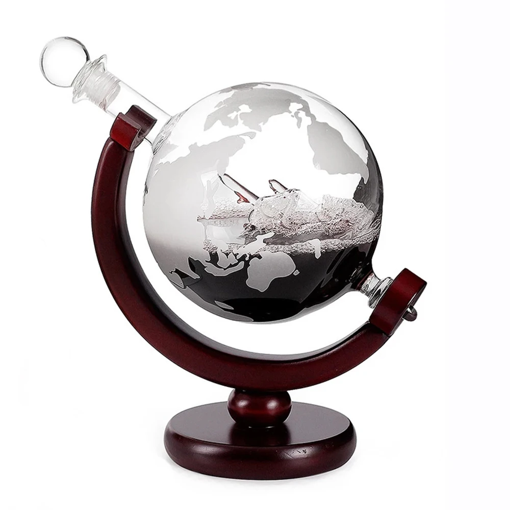 Globe Decanter with Fine Wood Stand, Sailboat Inside Whisky Bottle, Wine Glasses, Gift Set, Liquor