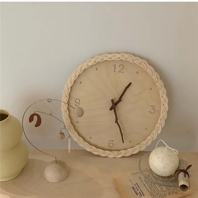 diy wall clock INS Japanese Style Rattan Wall Clock Round Digital Wood Mute Silent Clock Homestay Hanging Ornament Furniture Bedroom Home Decor personalised clock