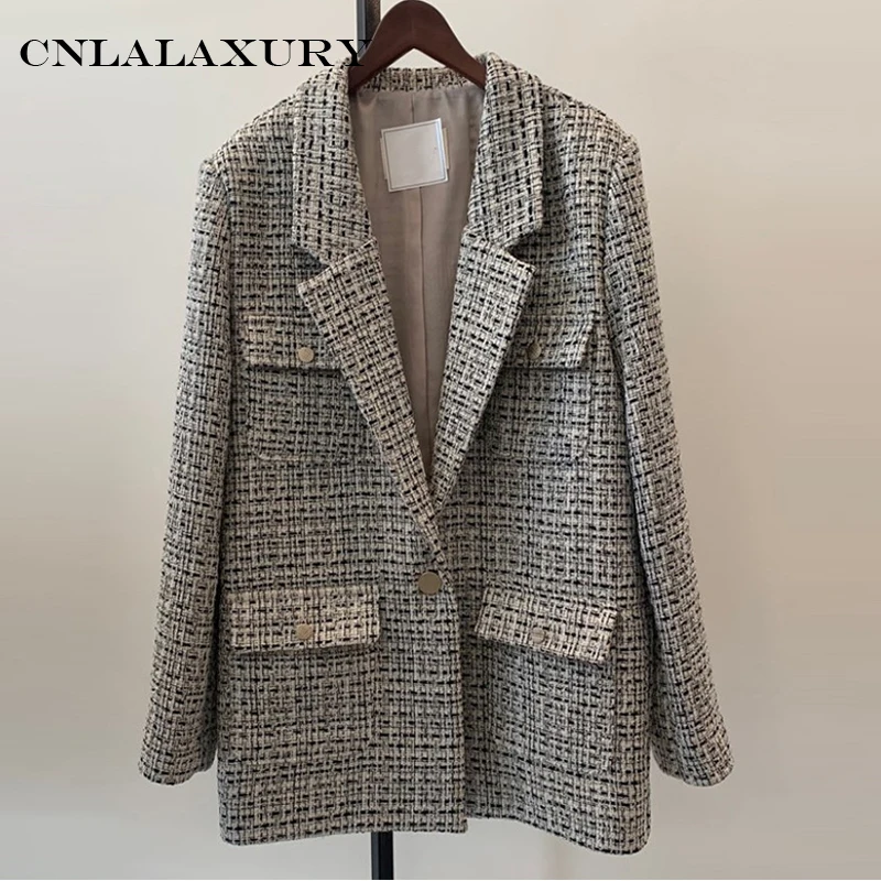 

2019 Spring Autumn New Plaid Blazer High Quality Women Notched Collar Tweed Suit Jacket Cardigan Outerwear chaqueta mujer