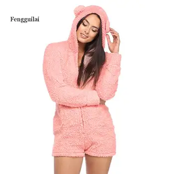 

Pajamas Female Warm Autumn Winter Hooded Rabbit Ear Fleece Onesie Women Velvet Sleepwear Short Home Suit Female For Home