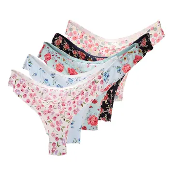 

5pcs Low Waist Flower Pattern G String Women Thong Seamless Elastic Home Ice Silk Soft Underwear Non Toxic Beautiful Sexy