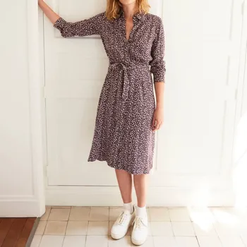 

2020 Early Autumn Women Midi Shirt Dress Vintage Print Single-breasted Split Long-sleeves Dresses With Sashes Wild Stylish
