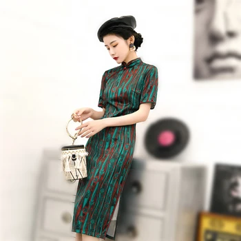 

Sheng Coco Green Fringe Chinese Dresses Beautiful Pearls Chinese Qipao Soft Silk Fabric Dress Shanghai Short Sleeve 4XL 3XL
