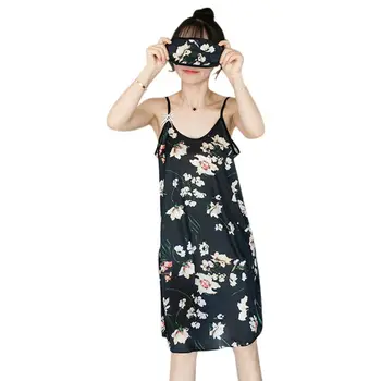 

Women Summer Ice Silk Knee Length Nightdress Spaghetti Straps Floral Heart Cartoon Graphic Print Bowknot Sleepwear With Eye Mask