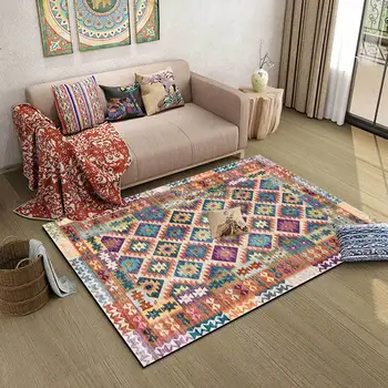 

Geometric Ethnic Style Orange Frame Color Diamond Lattice Living Room Bedroom Bedside Carpet Floor Mat Customization