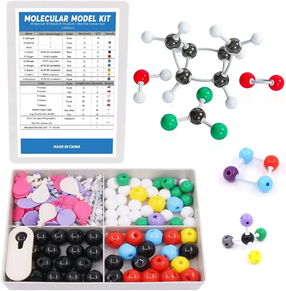 

178Pcs Molecular Model Kit for Inorganic&Organic Molecular Model Teacher Student Kit -Atoms&Orbitals&Links&Remover Tool Science