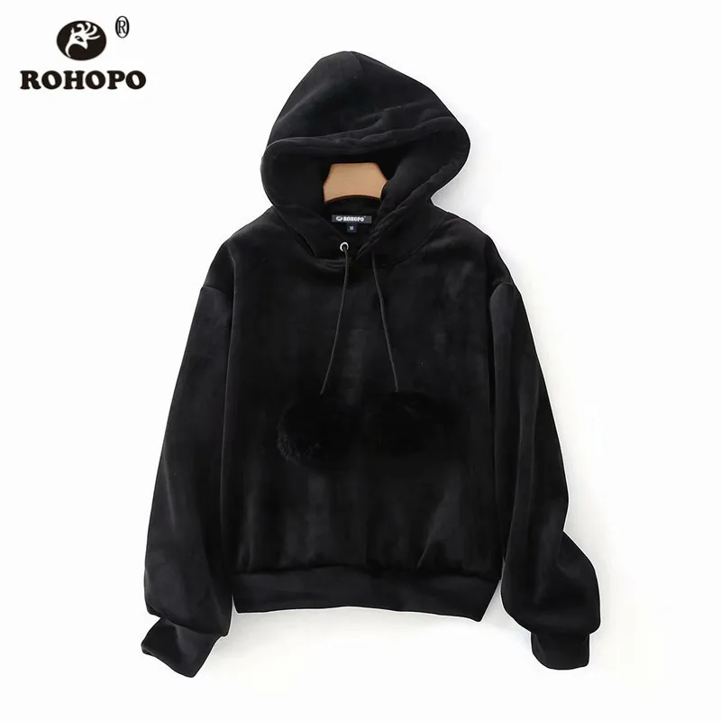 ROHOPO розовый черный с капюшоном воротник теплый бархат толстовки флис мяч шикарный женский пуловер толстый мягкий однотонный Свитшот#5253 - Цвет: Черный