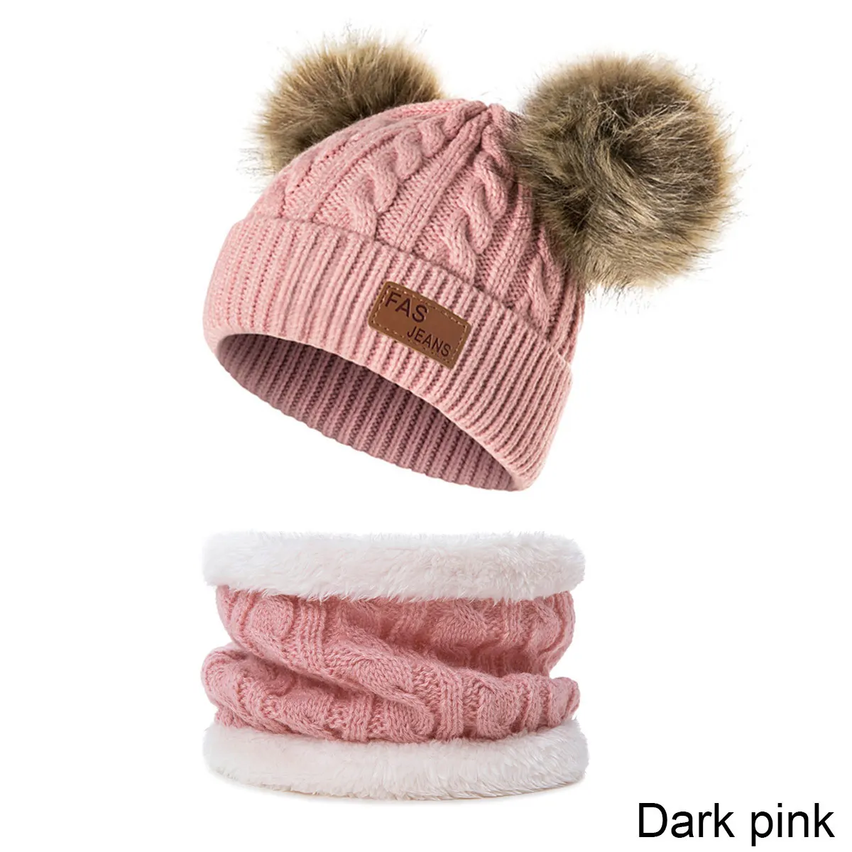 DMROLES 2 шт., шапка для маленьких девочек, вязаная крючком шапка с двойным помпоном и шарф для девочек и мальчиков, детская зимняя теплая шапка, Детский набор из шапки и шарфа - Цвет: dark pink