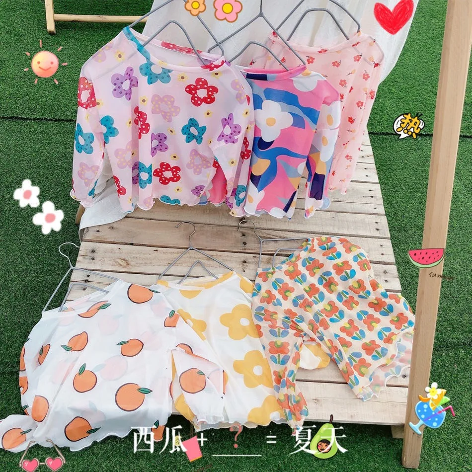 

Детская Солнцезащитная одежда Hyuna с цветами, яркая красная сетчатая пряжа, Детская футболка, Солнцезащитная одежда, рубашка для кондиционера воздуха