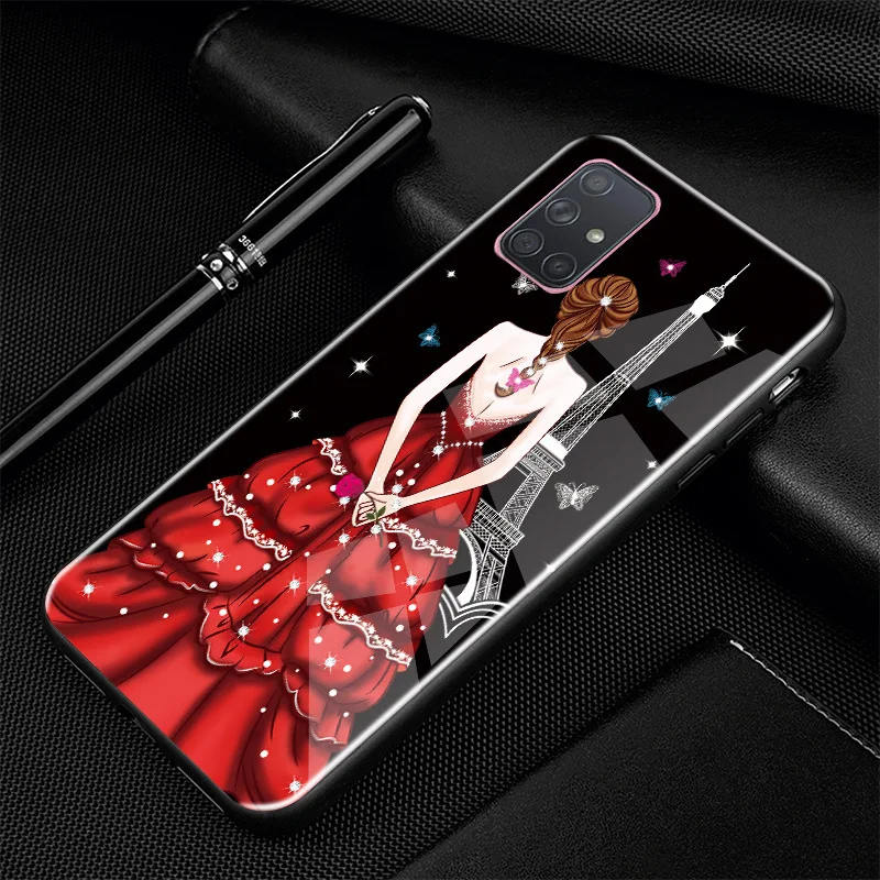 34 Для samsung A71 чехол A51 Жесткий PC стеклянный чехол для телефона черный бампер чехол для samsung Galaxy A51 A71 чехол из закаленного стекла A515F - Цвет: 34