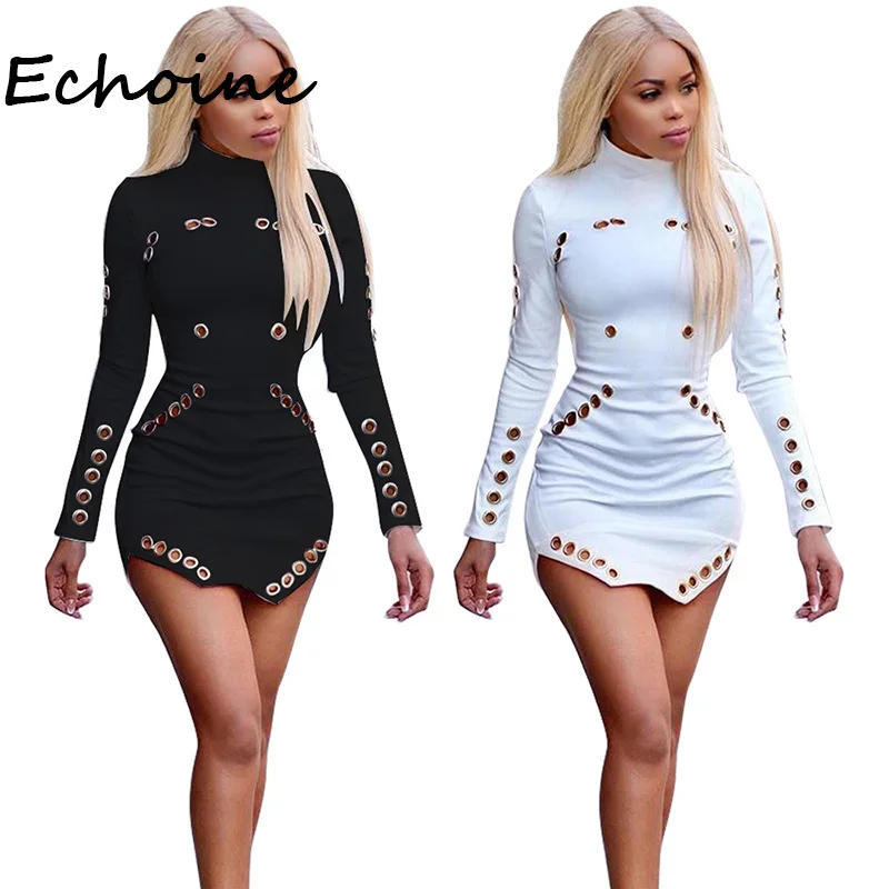 

2019 Autumn Hollow Out Dress Long Sleeve O-neck Irregular Bodycon Party Night Outfits Club Clothes Solid Party Mini Dress