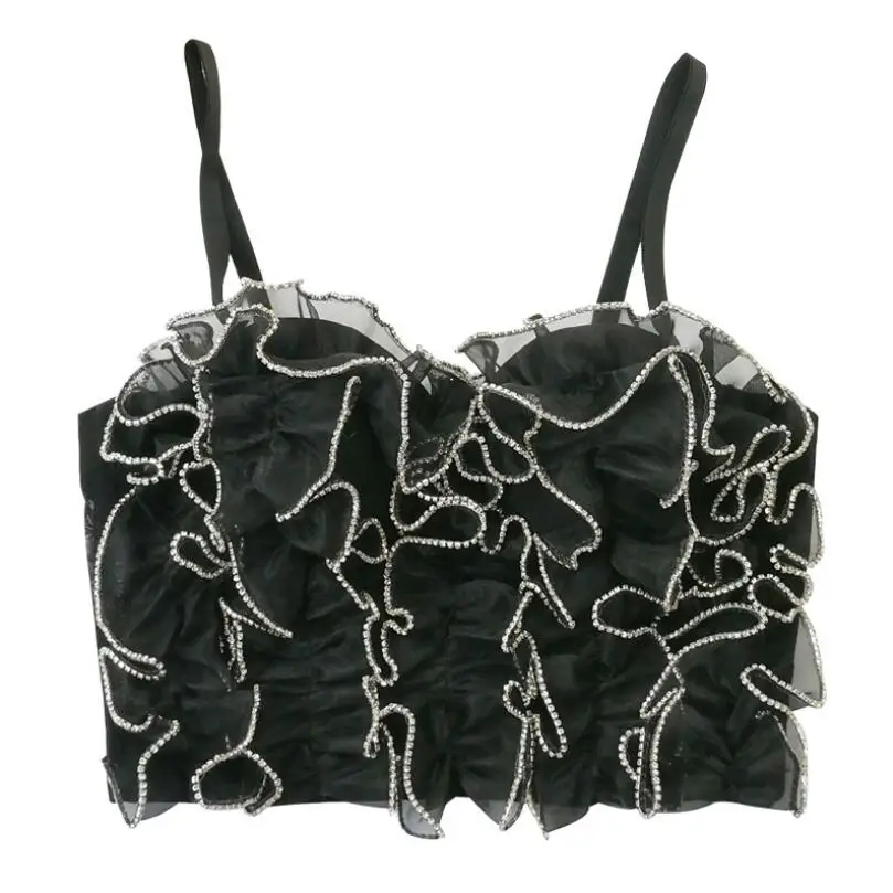 

2021 гофрированная комбинированная сетчатая кофта, укороченный женский жилет с открытой спиной, облегающий корсет, собранный бюстгальтер, топ-труба, соблазнительное женское Бюстье с бриллиантами p465