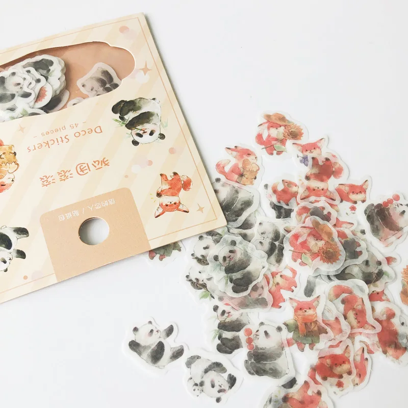 45PCS /Pack Kawaii Fox & Panda Sticker Adhesive Craft Stick Label Diary DIY Decor afbeelding