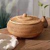 LBER Rattan Boxes with Lid Hand-Woven Multi-Purpose Wicker Tray with Durable Rattan Fiber Round 11 Inch Diameter 4