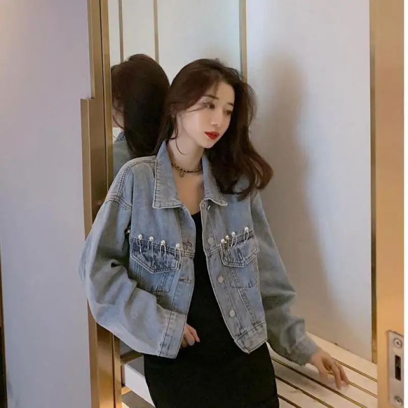 Женская Осенняя короткая джинсовая куртка новинка 2019 крутая маленькая Свободная