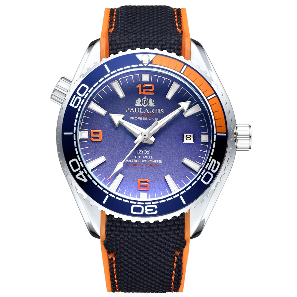 White Orange Blue Мужские автоматические механические холщовые часы с резиновым ремешком James Bond 007, стильные оранжевые, синие, красные классические часы с вращающейся рамкой - Цвет: White Orange Blue