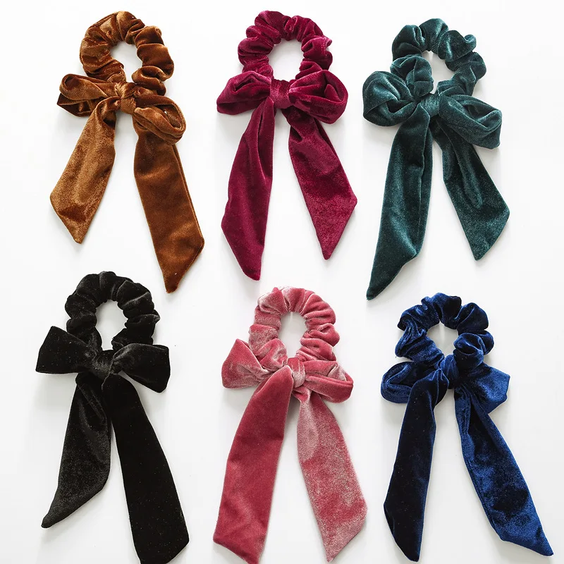 

Europe and America 2020 Fashion Soft Big Bow Velvet Large Intestine Circle Hair Accessories Long Ribbon Hair Hairband Headwear