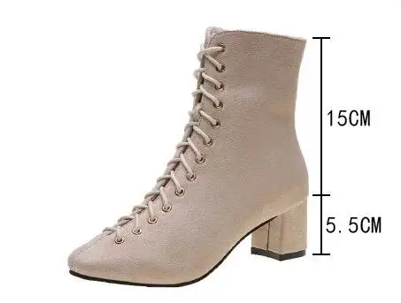 Замшевые ботильоны; Цвет черный, бежевый; женские зимние теплые элегантные ботинки на толстом высоком каблуке; женские короткие ботиночки с перекрестной шнуровкой для женщин