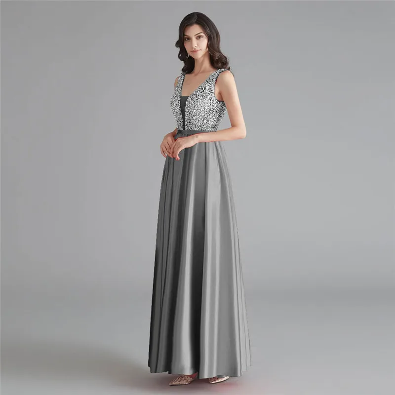 Silver Gray Beauty-Emily атласное темно-розовое платье подружки невесты с v-образным вырезом тяжелое бисерное ТРАПЕЦИЕВИДНОЕ свадебное платье вечернее платье Robe De Soiree - Цвет: Silver Gray