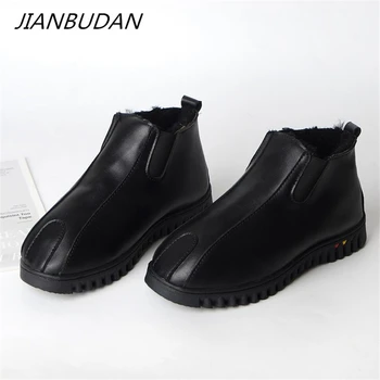 

JIANBUDAN Fur plush winter women's warm snow boots Waterproof leather female Big size cotton shoes Soft plush flat ankle boots