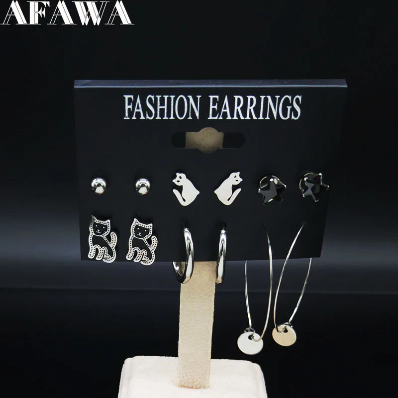 6 пар модные серьги с кошачьим котом из нержавеющей стали набор женские черные Серебряные серьги ювелирные изделия pendientes mujer moda E612851