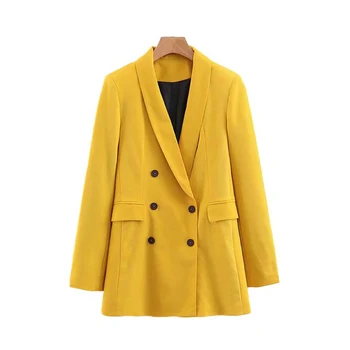

Fannic women chic yellow blazer pockets double breasted long sleeve office wear coat solid female casual outerwear tops