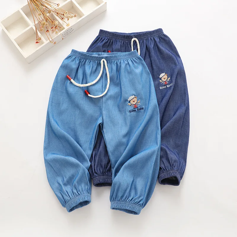 

19 Summer Crawler CHILDREN'S Cartoon Embroidered Thin Casual Capri Pants BOY'S Korean-style Tencel Jeans