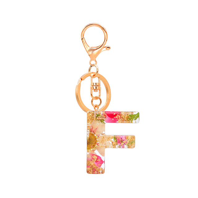 Dried Flower Letter Keychain Creative Colorful 26 English Letter Initial Resin Handbag Keyring Accessories For Women