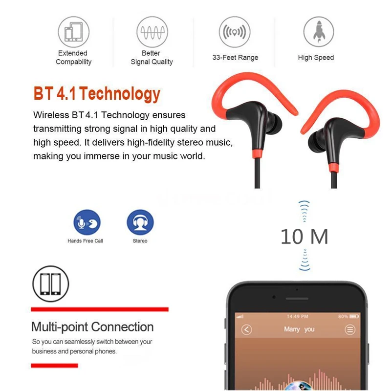 BT-1 Bluetooth наушники, Спортивные Беспроводные наушники, bluetooth-гарнитура с защитой от пота, басовые наушники с микрофоном для телефона, iPhone, Xiaomi, LG