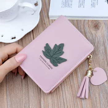 

New Arrival Ladies Short Wallet Top Quality Leaf Pattern Wallet Coin Purse Zipper Korean Tassel Small Purse Billetera Mujer.