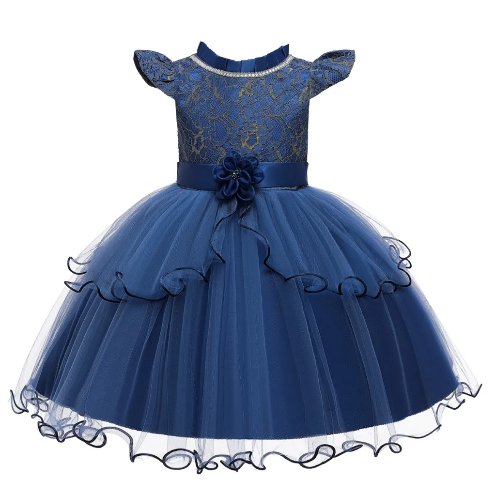 

(2Y-10Y) Children Flying Sleeve Lace Mesh Yarn Splicing Flower Princess Dress Dress Prom Party Toddler Baby Kid Girl S4