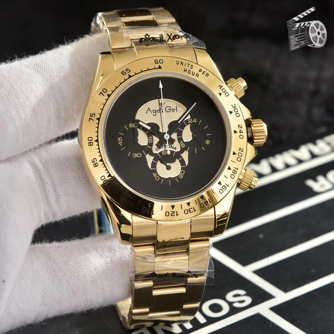 Gold Black Роскошные брендовые новые мужские японские кварцевые часы с черным резиновым браслетом из розового золота, часы из нержавеющей стали с хронографом, Сапфировая керамическая кружка в форме черепа - Цвет: Gold Black