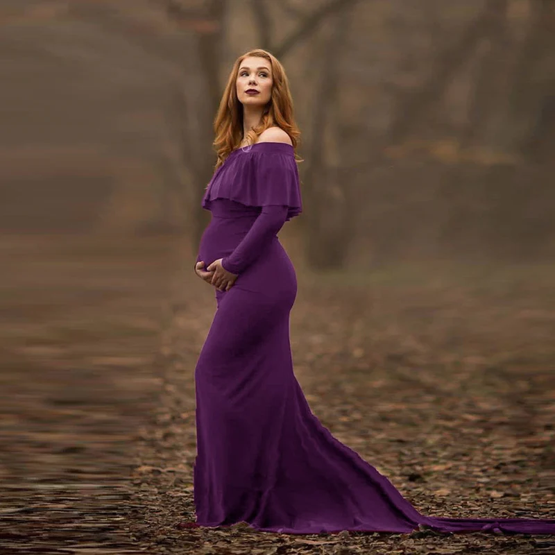 Purple Платья для беременных с оборками для фотосессии длинное платье для беременных реквизит для фотосъемки с открытыми плечами платье макси для беременных - Цвет: Purple