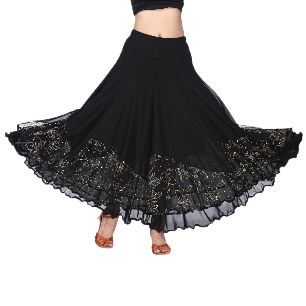 Long Flamenco Modern Dance Skirt Sequined Mesh Skirt Waltz Dress Women's Costume