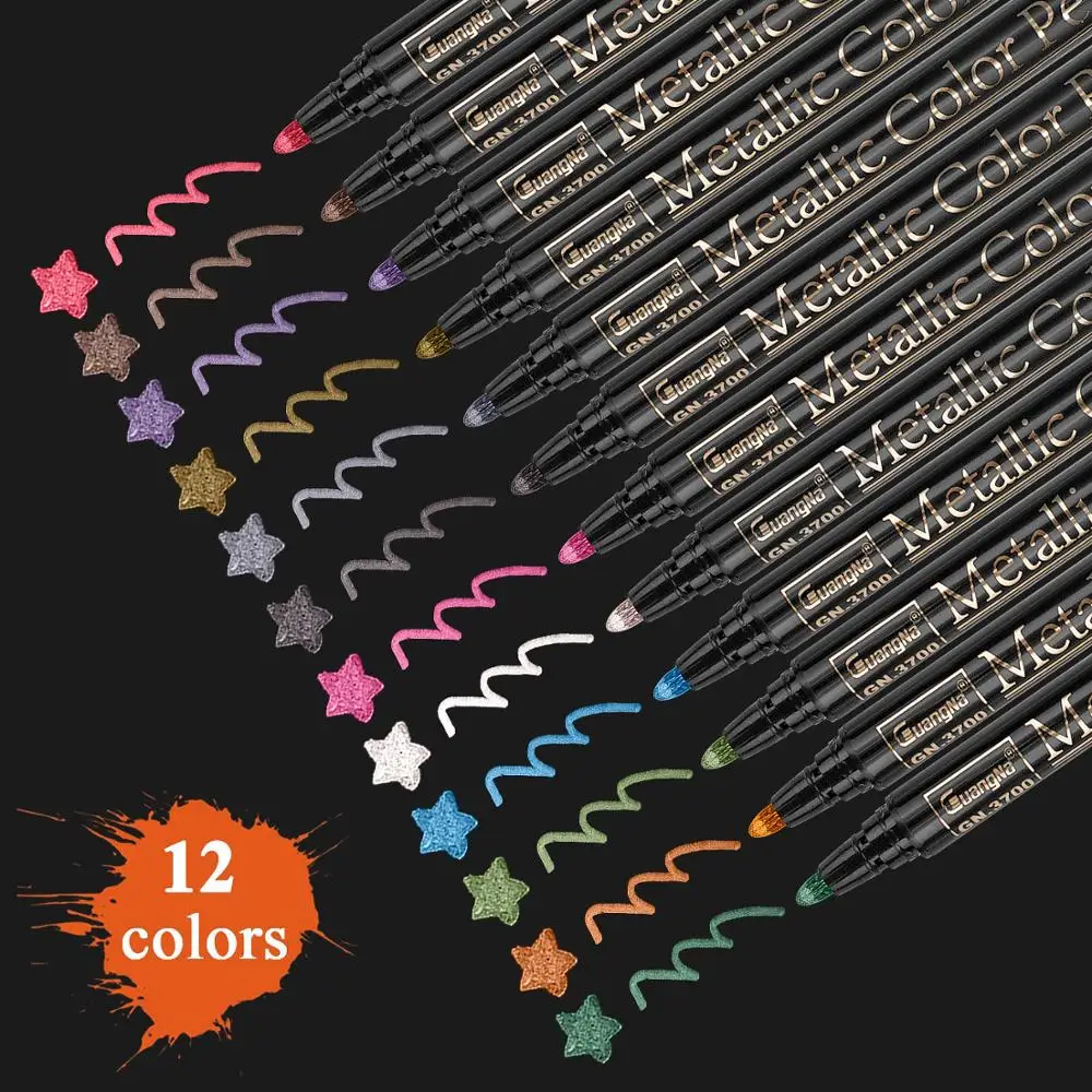 

12 Colors Set Metallic Brush Marker Birthday Gift Card Making Metallic Color Pen for DIY Photo Album Glass Wine Marker