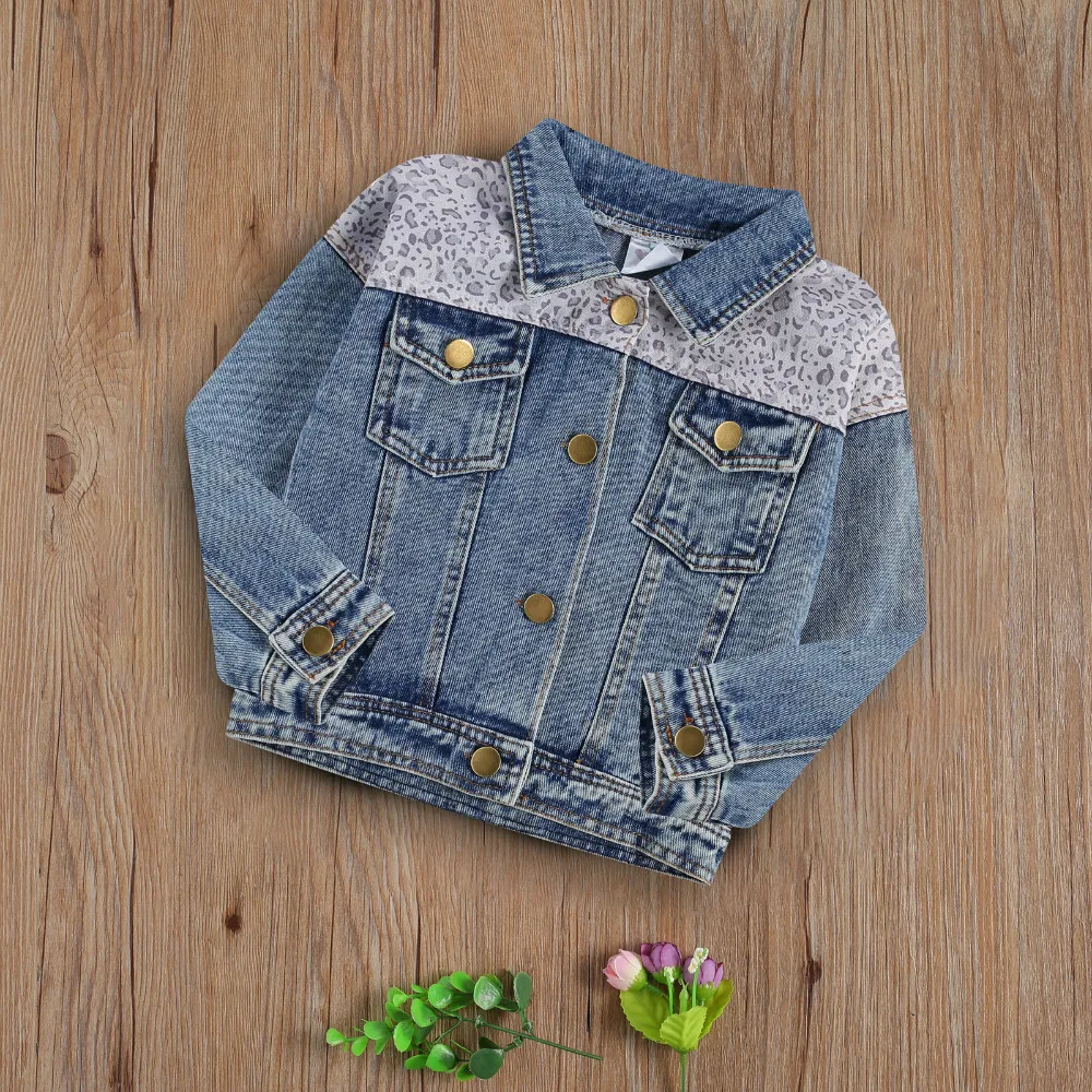 

Toddler Baby Girls Denim Jackets Fashion Spring Fall Long Sleeve Leopard Lapel Patchwork Button Down Denim Coats Casual