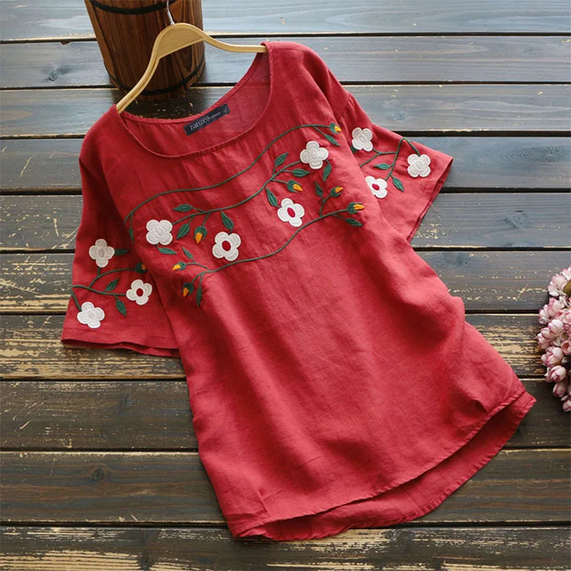 ZANZEA летняя винтажная блузка с вышивкой, женские хлопковые льняные Топы с коротким рукавом, Женские однотонные блузы, Повседневная Рабочая Рубашка, Femininas - Цвет: Красный