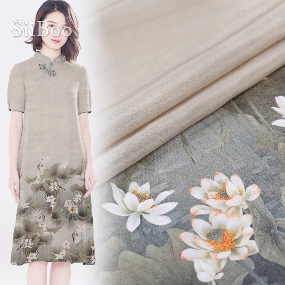 Италия элегантный Лотос и лист печатных 114*115 см позиционный крепдешин шелковая ткань для весеннего платья Fabrique de soie SP5947