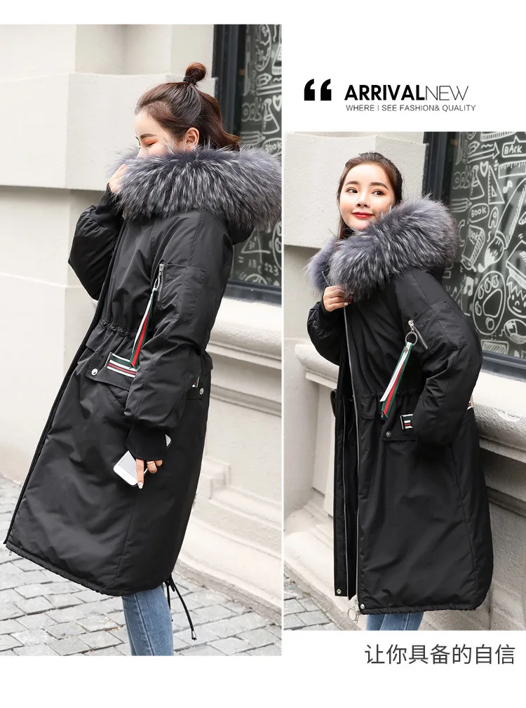 WOMEN'S Dress down Feather Winter Mid-length Warm Hooded Fashion Raccoon Fur Collar 90 Cloth Boutique down Jacket