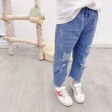 Джинсы свободного кроя в Корейском стиле для мальчиков и девочек, Новые Стильные Ковбойские прямые штаны с дырками на весну и лето