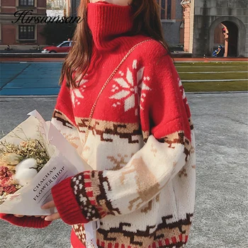 

Hirsionsan Turtleneck Women Christmas Sweater Thicken Oversized New Pullover Knitted Jumper Pull Sleeve Vintage Soft Female Tops