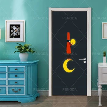 

Self Adhesive Door Stickers Home Decor Cartoon Girl Moon Renew PVC Print Art Picture Waterproof Canvas Wallpaper Children Room