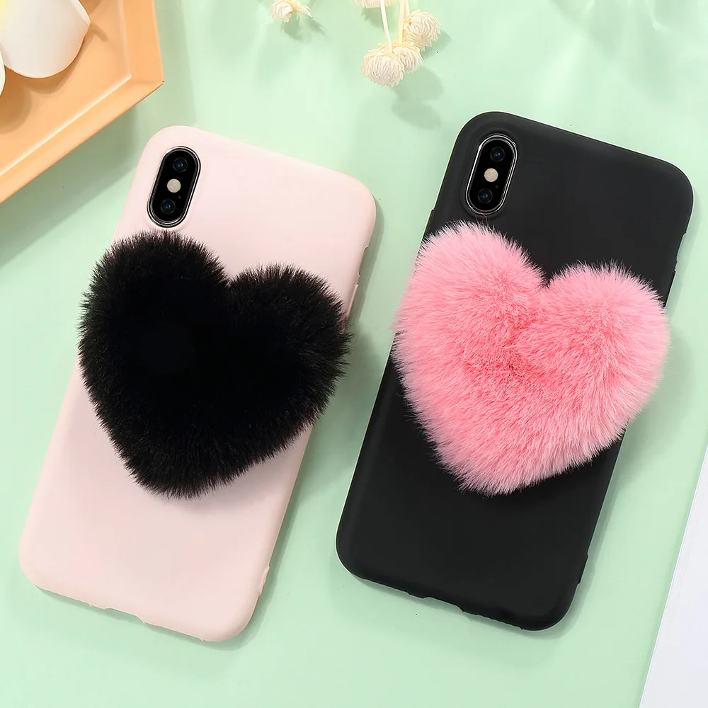 

LAPOPNUT 3D Heart Pom Pom Case for Iphone Xr Xs Max X 8 7 Plus Fur Plush Soft Silicone Shockproof Cover for Apple 6 6s 5 5s SE