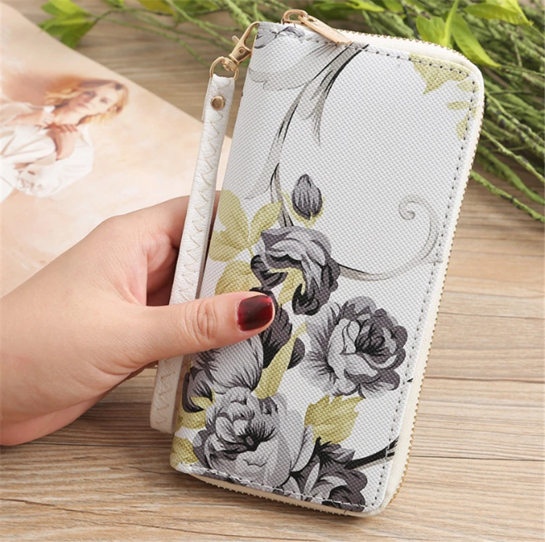 Women's Rose Print Wallet Fashion Wild Double Zipper Clutch Bag Multi-card Wallet Purse