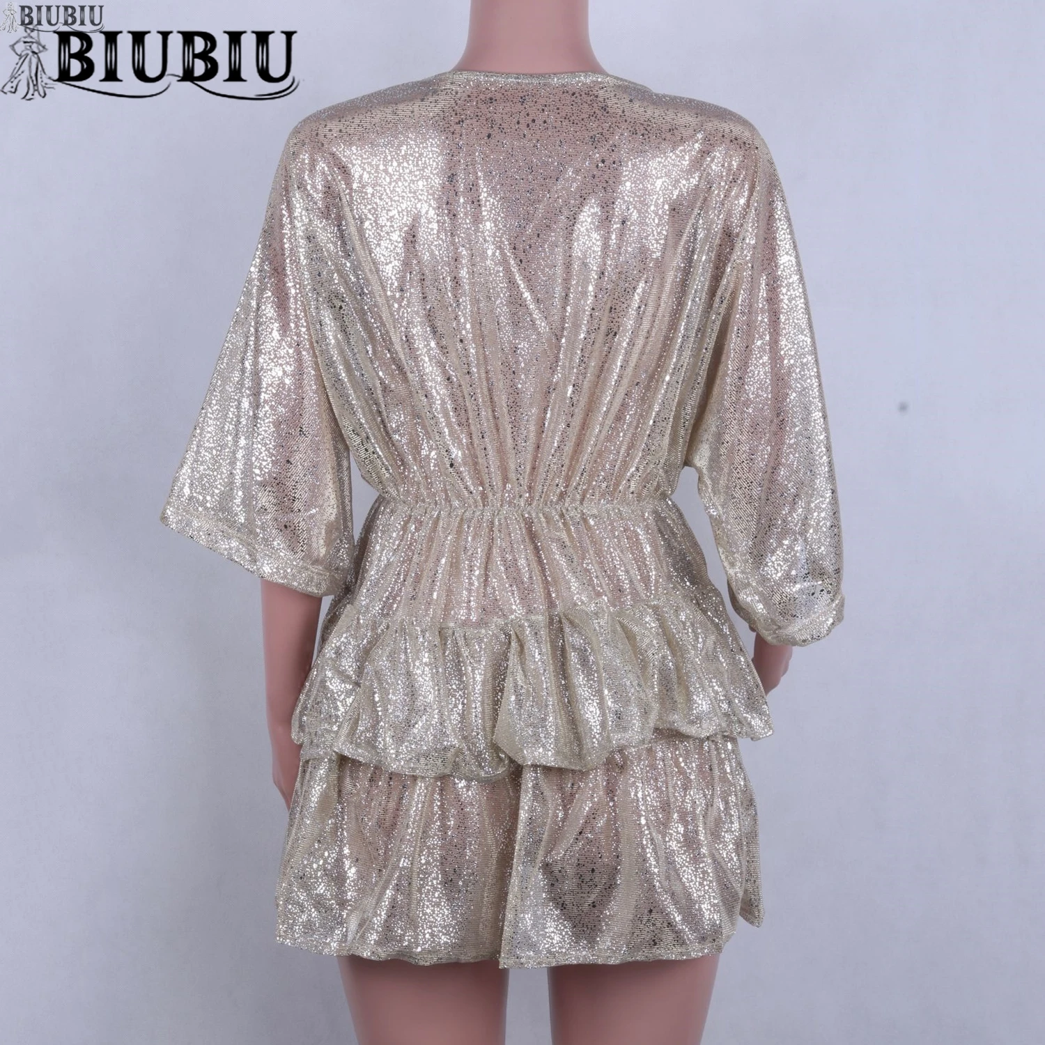 BIUBIU Sexy Deep V Dress Dress Women Summer Half Sleeve Shining Mini Party Dresses Women's Evening Club Dress Gold Vesdios
