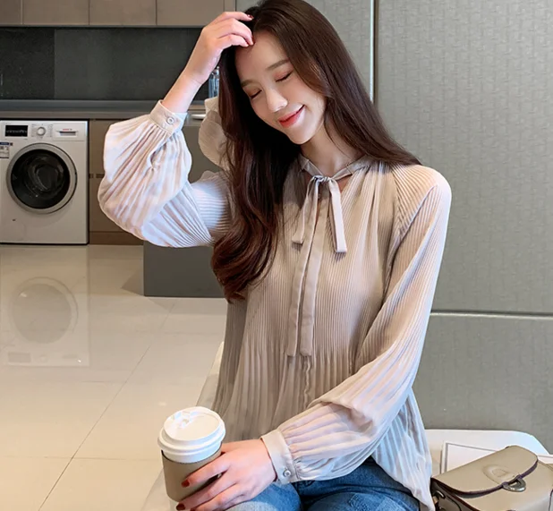 Dingaozlz new elegant bow long sleeve chiffon blouse casual clothing women tops fashion solid color chiffon shirt