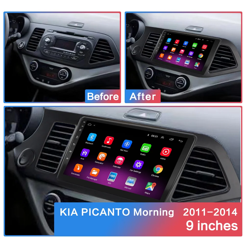 2G+ 3 знака после 2G " 2din Android 8,1 GO Автомобильный DVD плеер для 2011 2012 2013 KIA PICANTO Утро автомобильного радиоприемника gps навигации WI-FI