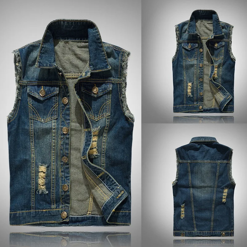 Men's Sleeveless Jeans Jacket Vest Coats Autumn Cowboy Waist Coat Denim Jeans Vest Hip Hop Streetwears Pocket Fashion Vest