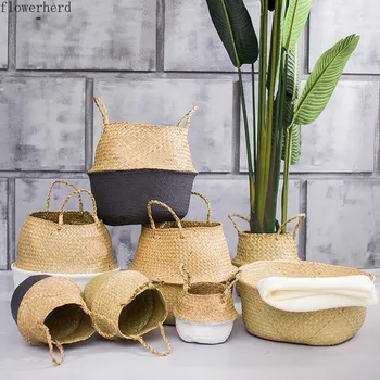

Nordic Seagrass Basket Hand-woven Flower Pot Household Items Straw Storage Basket Folding Straw Basket Woven Basket Wicker