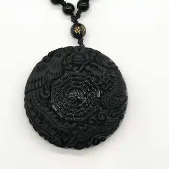 

Natural Black Obsidian Hand Carved Chinese Dragon Phoenix BaGua Lucky Amulet Pendant Free Necklace Fashion Fine Jewelry